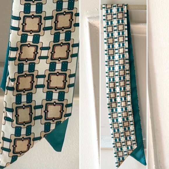 Slim Scarf 34in Teal Geometric Print Double Sided Neck Head Hair Bag Wrap  No32 - Picture 2 of 9